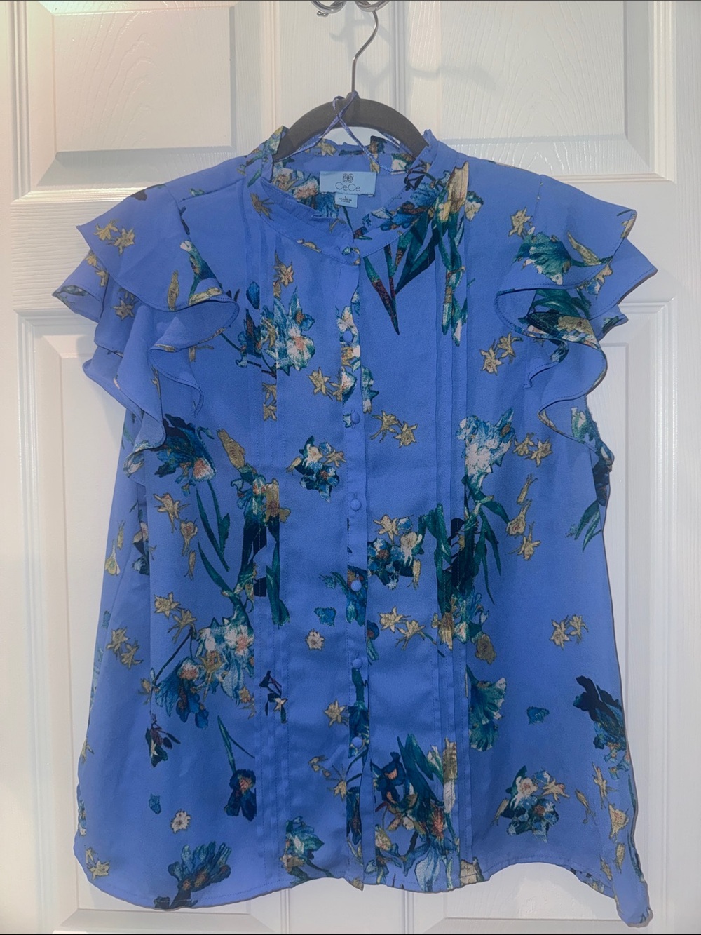 CeCe Periwinkle Floral Ruffle-Sleeve Blouse